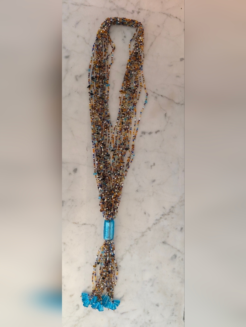 Seed Bead Necklace Multi Strand with Turquoise Glass Pendant - Lariet Style
